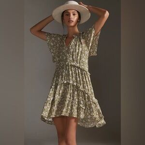 Anthropologie Liberty Floral Ruffles Mini Tiered
Dress- Moss. Sz M